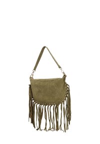 Borsa a spalla in suede verde oliva, forma arrotondata con bordi frangiati, lacci decorativi e una sola tracolla regolabile.