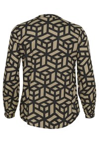 Beige Bluse mit langen Ärmeln und einem schwarzen 3D-Würfelmuster, mit abgerundetem Saum und gerafften Bündchen für eine lässige Passform.