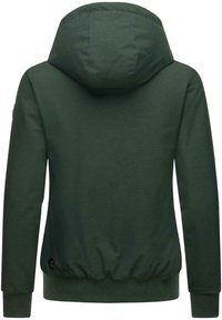 Green hooded sweatshirt with a smooth texture, ribbed cuffs, and hem. Features a logo patch on the left sleeve and a relaxed fit.