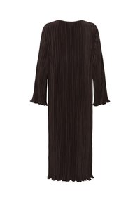 Vestido negro plisado con mangas largas, escote redondo y un diseño fluido. Presenta una textura suave y una caída suave para mayor comodidad.