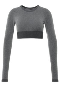 Grauer, langärmelliger, kurz geschnittener Pullover mit Rundhalsausschnitt, aus weichem Stoff gefertigt. Verfügt über eine gerippte Abschlussshow am Saum und an den Manschetten für zusätzliche Textur.