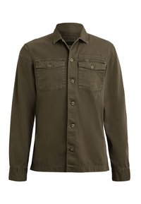 Olivgrüne Hemdjacke mit Knopfleiste, zwei Brusttaschen, langen Ärmeln, weichem Stoff, flachem Kragen und dezenter Strukturierung.