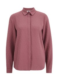 Pitkähihaisessa mauven värisessä paidassa on napitettavat kaulukset, teksturoitu pintakuvio, etunapitus ja rento mitoitus.