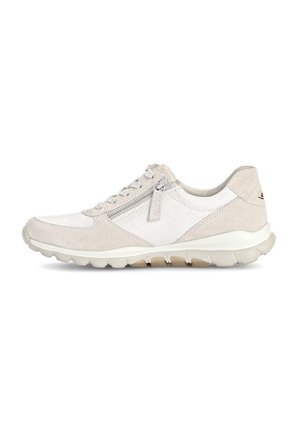 Light beige sneaker featuring a combination of suede and mesh materials, lace-up design, side zipper, and textured sole.