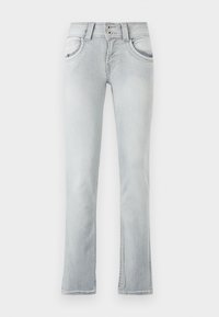 Lyseblå denimjeans med flagrende design, som har to frontlommer, en knapåpning med to knapper, og subtile falmede detaljer.