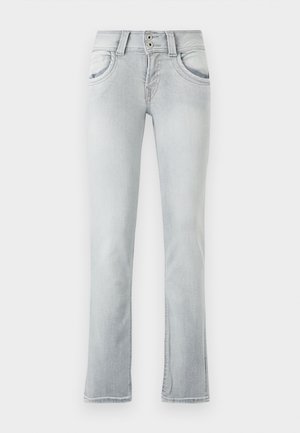 Jeans en denim bleu clair avec une coupe évasée, comprenant deux poches avant, une fermeture à bouton avec deux boutons, et des détails légèrement décolorés.