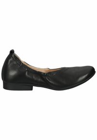 Ballerines en cuir noir avec un bout rond, un talon bas et une texture lisse. Design minimaliste sans matériel visible ni embellissements.