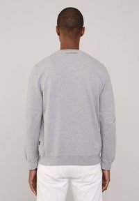 Felpa grigia con scollo a girocollo e polsini a coste, con un piccolo logo sul retro. Realizzata in un morbido misto cotone, vestibilità casual.