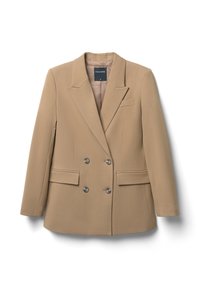 Blazer croisé en tissu marron clair, avec un col cranté, deux poches avant et des boutons en métal argenté. Texture lisse.