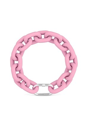 Chunky bracelet with interlocking pink links and a silver clasp on a white background.