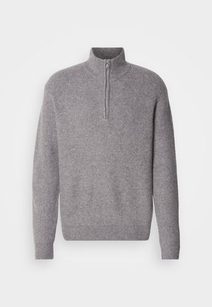 Gray knitted sweater with a high collar and half-zip closure. Ribbed texture, long sleeves, and a relaxed fit.