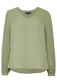 Blusa a maniche lunghe, verde chiaro, con scollo a V. Corpo liscio e maniche plissettate. Tessuto morbido con vestibilità comoda e orlo arrotondato.