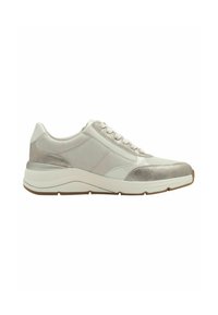 Leichte Sneaker aus Leder und Wildleder in Weiß- und Silbertönen. Mit Schnürdesign und strukturierten Akzenten an den Seiten.