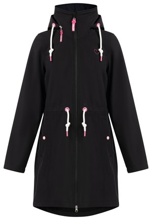 Musthave veekindel jakk kapuutsiga, roosade tõmblukkude ja nööridega, taskud; sile tekstuur ja veidi pikem disain.