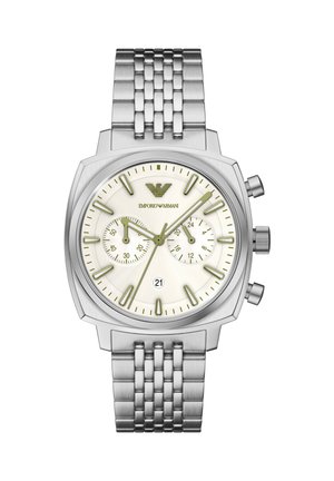 Silberne Metall-Emporio-Armani-Armbanduhr mit weißem Zifferblatt, zwei Unterzifferblättern, Datumsfenster bei sechs Uhr und lumineszierenden Stundenmarkierungen und Zeigern.
