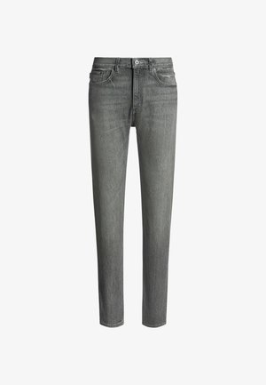 Graue Denim-Jeans mit geradem Schnitt, ausgestattet mit fünf Taschen, einem Frontknopfverschluss und dezenten Stichdetails an den Taschen.