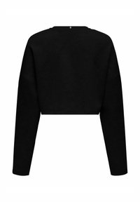 Sweatshirt nero accorciato con maniche lunghe, scollatura rotonda e texture liscia. Presenta un piccolo logo vicino alla scollatura posteriore.