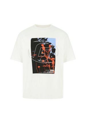 White short-sleeve t-shirt featuring a rectangular graphic in black, blue, and orange with abstract floral patterns and text accents.