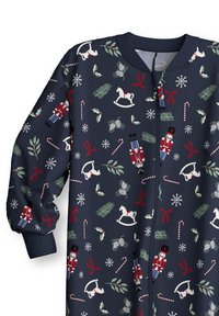 Navyblauwe zip-up onesie met feestdagen-thema patronen, waaronder notenkrakers, schommels, sneeuwvlokken en zuurstokken.