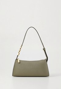 Zelená kabelka z umělé kůže s pevnou konstrukcí, krátkým uchem s pozlacenými detaily a vrchním zipovým zapínáním.