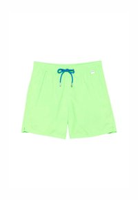 Costume da bagno verde con chiusura a coulisse dotata di un cordino blu. Realizzato in materiale leggero, presenta un colore uniforme e liscio.