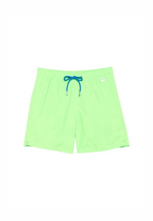 Costume da bagno verde con chiusura a coulisse dotata di un cordino blu. Realizzato in materiale leggero, presenta un colore uniforme e liscio.