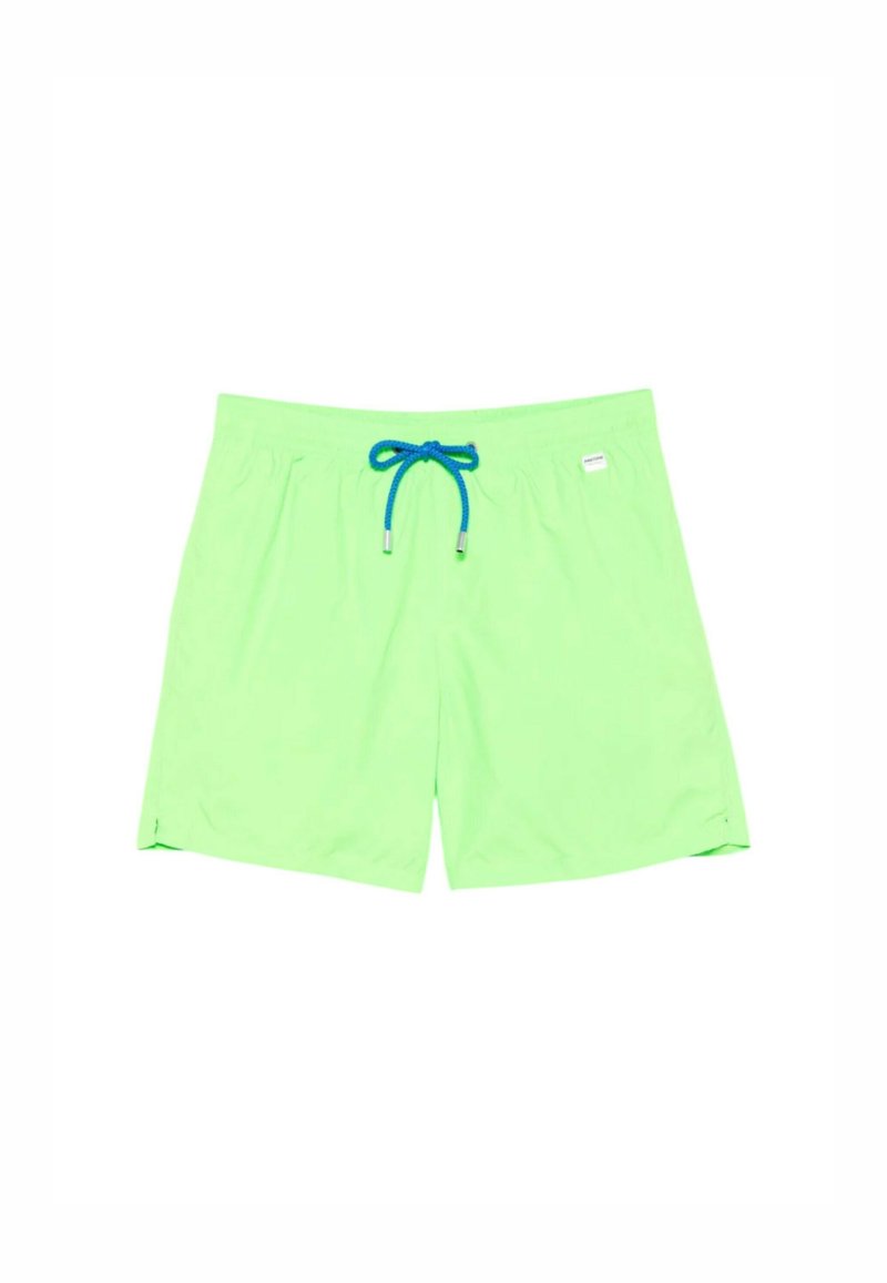 Costume da bagno verde con chiusura a coulisse dotata di un cordino blu. Realizzato in materiale leggero, presenta un colore uniforme e liscio.