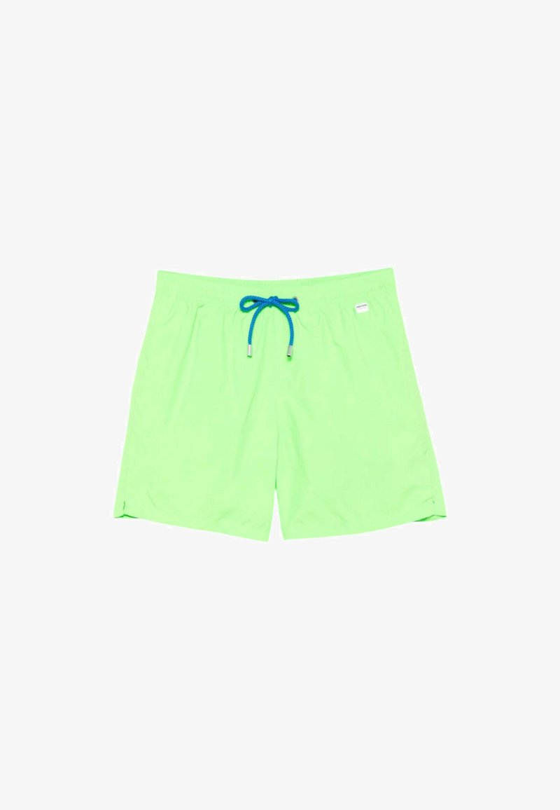 Costume da bagno verde con chiusura a coulisse dotata di un cordino blu. Realizzato in materiale leggero, presenta un colore uniforme e liscio.