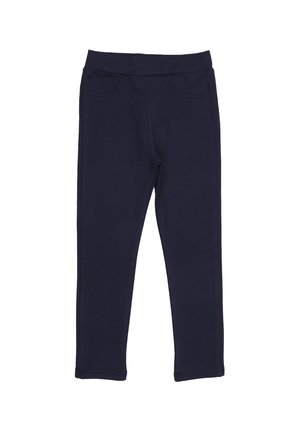 Navy blue leggings made of soft stretch fabric, featuring an elastic waistband and two front pockets. The design includes stitched accents.