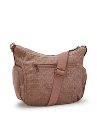 Braune, gestepte Stoff-Schultertasche mit verstellbarem Tragegurt, Reißverschluss-Vordertasche und flachen Seiten. Texturierte Oberfläche mit subtilen geometrischen Mustern.