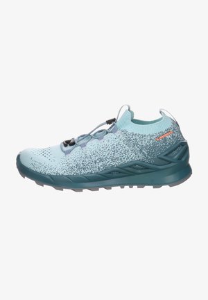 Light blue running shoe with a textured upper, mesh accents, and a dark teal sole. Features elastic laces and a cushioned collar.