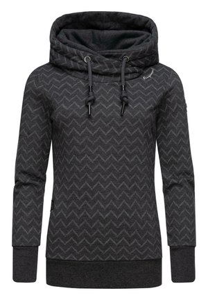Dark gray long-sleeve hoodie with chevron pattern, large cowl neck, drawstrings, and ribbed cuffs and hem.