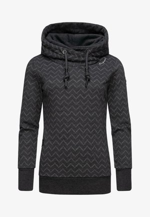 Donkergrijze hoodie met lange mouwen, chevron patroon, grote kraag met tunnelkoord, trekkoorden en geribbelde boorden en zoom.