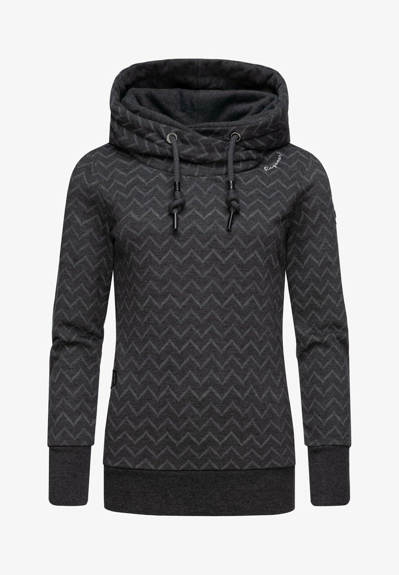 Hoodie à manches longues gris foncé avec motif chevron, large col bénitier, cordons de serrage, et poignets et ourlet côtelés.