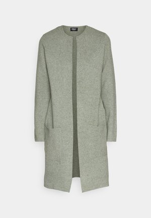 Light green cardigan made of soft fabric, featuring a straight cut, long sleeves, two front pockets, and an open front design.