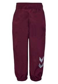 Bordeauxfarbene Jogginghose aus glattem, synthetischem Material. Merkmale einen elastischen Bund und Bündchen sowie ein silbernes Chevron-Muster an der Unterschenkelpartie.