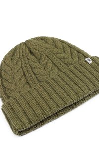 Green knitted beanie made of wool, featuring a ribbed cuff and cable knit pattern on the crown. Label visible on the cuff.