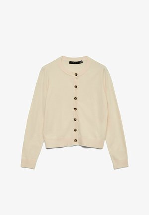 Svijetlo bež kardigan napravljen od mekog pletenog materijala. Ima okrugli dekolte, dugačke rukave i osam smeškastih dugmadi duž prednje strane.