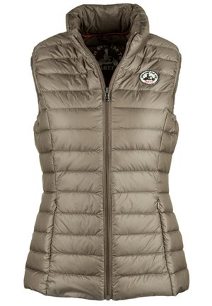 Veste matelassée sans manches taupe avec fermeture éclair frontale et col montant, ornée d'un patch logo circulaire sur la poitrine.