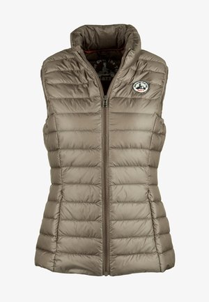 Veste matelassée sans manches taupe avec fermeture éclair frontale et col montant, ornée d'un patch logo circulaire sur la poitrine.