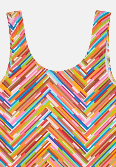 Multicolored swimwear with a chevron pattern, featuring vibrant stripes in pink, orange, blue, and green. Smooth texture and wide straps.