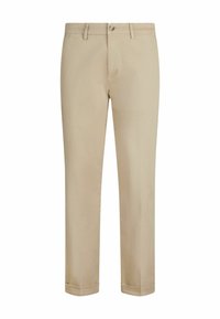 Pantalones de algodón beige con un diseño de pierna recta, que cuentan con un cierre de botón delantero y puños enrollados. Textura suave, sin patrones ni adornos.