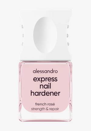 Różowy płyn w przezroczystej szklanej butelce z białą nakrętką. Etykieta z napisem "alessandro express nail hardener" oraz "french rosé strength & repair".