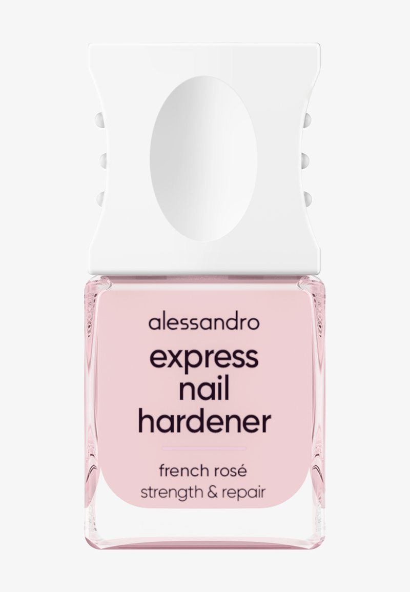 Roze vloeistof in een doorzichtige glazen fles met een witte dop. Het etiket vermeldt "alessandro express nagelverharder" en "french rosé sterkte & reparatie".