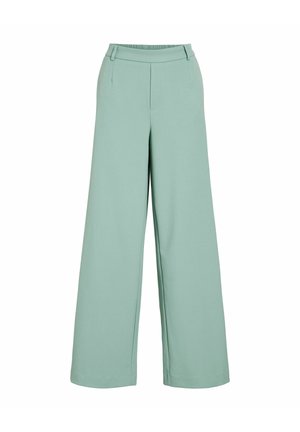 Mentolově zelené široké kalhoty s hladkou látkou, elastickým pasem, falešnými předními kapsami a přizpůsobeným střihem pro pohodlné nošení.
