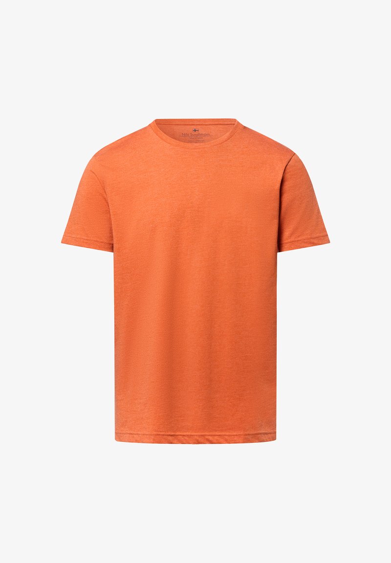 Kurzarm-T-Shirt mit Rundhalsausschnitt in leuchtendem Orange, aus weichem Stoff mit leicht strukturiertem Aussehen und geradem Saum.