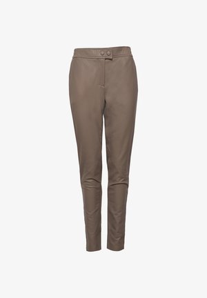 Brown leather pants with a fitted design, two buttons at the waist, side pockets, and flat seams for a smooth finish.