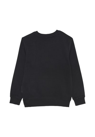 Felpa nera a maniche lunghe con collo rotondo, con polsini e orlo a costine, mostrata stesa da dietro su uno sfondo bianco.