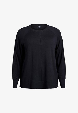 Black knit pullover sweater with a round neckline, raglan sleeves, and ribbed hem. Soft texture with minimal stitching detail on the front.