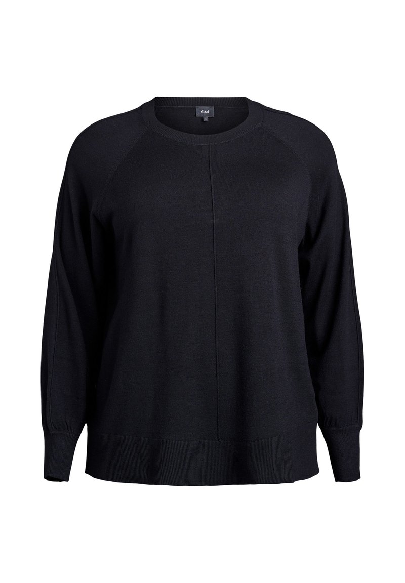 Černý pletený svetr s kulatým výstřihem, raglánovými rukávy a žebrovaným lemem. Měkká textura s minimálními švy na přední straně.
